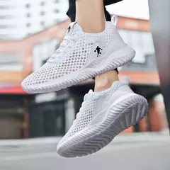 Imagem do Tênis de corrida branco leve respirável masculino, tênis com renda em malha,