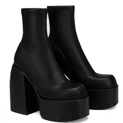 Botas modernas com saltos de plataforma para mulheres, Bota de couro redondo, Saltos volumosos com zíper, Sapatos de salto de bloco para meninas, Sapato casual - comprar online