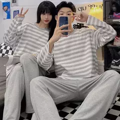 Conjunto pijama coreano de algodão masculino e feminino, pijama casual loungewear, roupa de casa outono - Wolf Magazine
