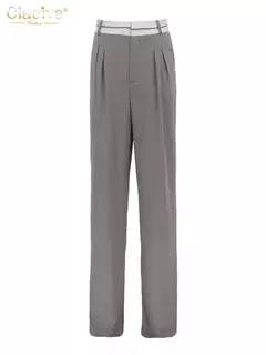 Clacive-Calça reta de cintura alta feminina, calça feminina, elegante, solta, chique, emendada, cinza, escritório, moda, casual, de comprimento total