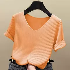 Blusa feminina de malha com decote v, camisa manga curta, tops verão 2022 - Wolf Magazine