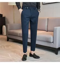 Calça formal masculina estilo britânico, monocromática, fina, casual, de negócios, escritório, social, calça de tornozelo, streetwear, alta qualidade na internet