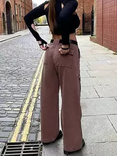 Perna larga feminina Jeans marrom largo, vintage, Y2K, punk, cintura alta, jeans solto, calças cargo, streetwear, bolsos, calças grandes - loja online