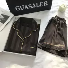Pijama feminino de seda gelo, manga curta, calça curta, seda de simulação, roupa doméstica, cor sólida, listrado, estudante, conjunto 2 peças, S, L