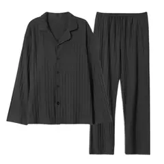 Conjunto de pijama de seda leite confortável masculino, loungewear elegante, estampa xadrez listrada, lapela combinando cores, pijama longo de peito único, outono e inverno