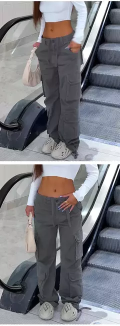 Calça jeans larga de cintura alta feminina, calça cargo cinza, calça larga, moda casual, bolsos múltiplos, estilo de rua Hip Hop, mãe, vintage, verão - loja online