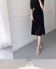 Vestido de malha de manga curta feminino, seda gelada, branco, oco Fashion, Celebridade Linha A, Verão, Novo, 2024 - loja online