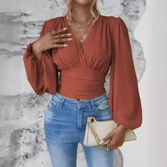 Pulôver feminino com decote V profundo, blusa feminina de manga comprida, tops casuais diários, cintura solta e magro, crossover, primavera, outono na internet