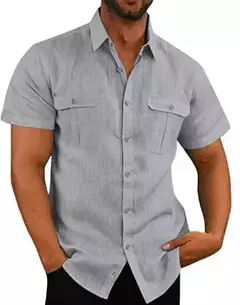 Camisas masculinas de linho de algodão de manga curta, monocromáticas, gola alta, casual estilo praia, plus size - Wolf Magazine