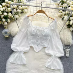 SINGREINY-Blusa Chiffon de Manga Flare para Mulheres, Tops Ruffle, Cintura Elástica Sólida, Halter Backless, Slim Ladies, Harajuku Sexy Blusa Curta na internet