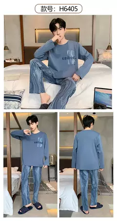 Imagem do Pijama de algodão de duas peças masculino, calça de manga comprida, traje caseiro, estudante e adolescente, novo outono