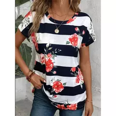 Camiseta colorida com padrão de borboleta feminina, camisetas estampadas com flores 3D, camiseta solta na moda, manga curta, tops redondos com pescoço, vívido