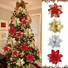 Flores artificiais de glitter para árvore de natal, ornamentos pendurados, flor falsa, lar, Natal, ano novo, presente, 2022, 2024 na internet