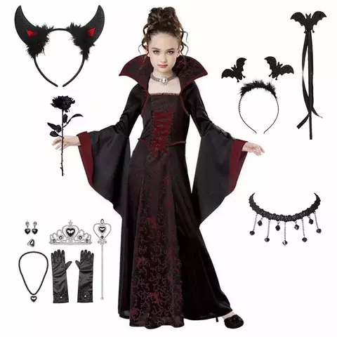 Traje de halloween para crianças fantasia de vampiro fantasia de halloween meninas vestido tutu longo roupa de carnaval infantil roupas de penas góticas