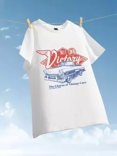 Camisetas de algodão de manga curta com decote em o feminino, charme de carros antigos, estampa vitoriosa, tops soltos, roupas de rua femininas, verão - loja online