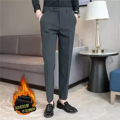 Calça de terno quente de pelúcia masculina, calça monocromática, cintura elástica, formal, negócios, fina, escritório, social, vestido, outono, inverno, 2023