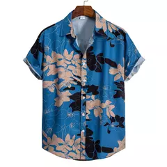 Camisa havaiana estampada geométrica masculina, blusa de praia de peito único, tops de manga curta, roupa de feriado masculina, moda flor, 2023 - loja online