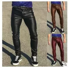 Calças finas de couro PU para homens, calças novas, vermelho, azul, preto, cinza, branco, 2023 - Wolf Magazine