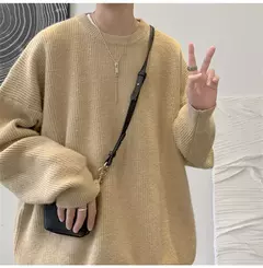 Pulôver de gola redonda de cor sólida masculino, suéter de malha casual, maca - comprar online