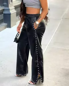 GLCMYAYA-calças femininas retas de perna larga de couro sintético, moda feminina de rua, PU com divisão lateral pérola, elegante e elegante, outono na internet