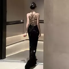 Topanoma-vestido de noite para as mulheres, vestido de noite com lantejoulas, sem mangas, colar halter, sexy, bandagem, sem encosto, split, vintage, elegante, coquetel