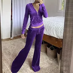 Suéter de veludo veludo de 2 peças para mulheres, calças largas, agasalho slim fit, capuz casual com zíper, jaqueta vintage, moletom - loja online