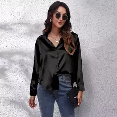 Blusa feminina de cetim manga longa, camisa cetim, tops de seda, vestuário europeu e americano, novo na internet