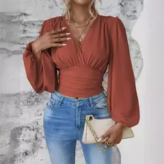 Pulôver feminino com decote V profundo, blusa feminina de manga comprida, tops casuais diários, cintura solta e magro, crossover, primavera, outono