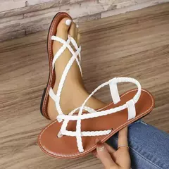 Imagem do Sandálias planas para as mulheres, cor sólida sandálias de praia tecidas, sandálias flip-toe, novo verão 2024