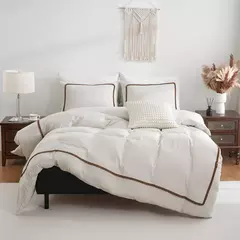 Soft Lightweight Duvet Cover Set, suave cama para baixo, bola Consolador, linha geométrica cama, toda a temporada, branco e cáqui, 3pcs na internet