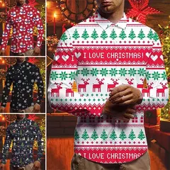 Camisas para homens outono natal férias lapela blusa masculina férias moda roupas masculinas diariamente rua camisas de manga longa botões - loja online