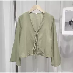 Camisas de manga folhada para mulheres, tops casuais soltos com renda, mangas curtas femininas, camisas macias com decote em v, senhora fofa, moda verão, 2024 - loja online