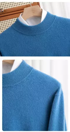Pulôver de malha de lã de gola meia alta masculino, suéter quente de cor sólida, blusa casual de negócios 100% lã, outono inverno - loja online