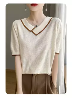 Camisa polo de malha de manga curta 100% lã pura, camiseta casual de lapela, camisa retrô fina, verão, 2024
