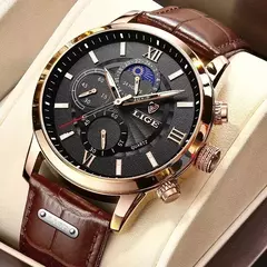 LIGE-Relógio de quartzo de couro marrom de luxo masculino, relógio impermeável, relógios esportivos, marca superior, casual, novo, 2022 - comprar online