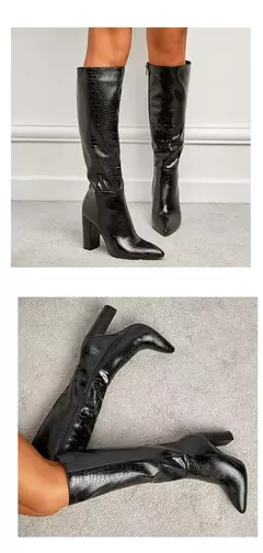 Imagem do Botas de couro com pontas aneikeh para mulheres, botas até o joelho com saltos grossos, padrão crocodilo, zíper lateral, primavera e outono, 2021