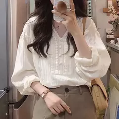 Blusa feminina de algodão branco manga longa, elegante senhora do escritório, camisa com gola v, moda primavera e outono, 2024 - loja online