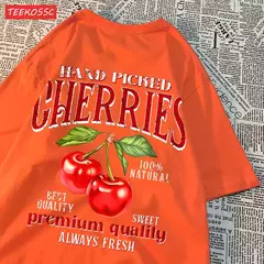Camisetas femininas de estampa de cereja colhidas a mão, camisetas de algodão, gola redonda grande, manga curta macia, roupas femininas de rua, moda