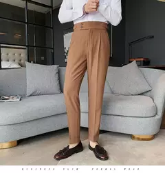 Imagem do Homens estilo britânico ternos calças novo masculino sólido calças de cintura alta alta qualidade formal magro ajuste negócio casual terno calças