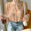 Mulheres elegante impressão chiffon blusa primavera verão casual manga longa com decote em v camisa solta senhora do escritório botão doce topos 2023