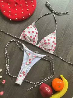 Conjunto brasileiro de biquíni tanga para mulheres, moda praia, tanga sexy, maiô, 2 peças, roupa de banho, estampa cereja fofa, 2023 - loja online