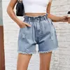 Cintura alta elástica feminina Shorts jeans com dois botões com buracos quebrados, vestido metade do corpo, calça feminina de borla, mini jeans para pernas, emenda, 2024