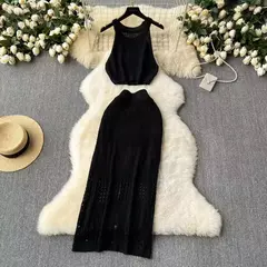 Vestido de praia feminino de tricô de cor sólida, regata, fenda de textura, terno protetor solar, escavar moda praia, encobrir, novo estilo - comprar online