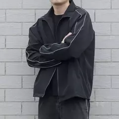 Blusão solto de retalhos masculino com bolsos, jaqueta bomber, zíper listrado, gola alta, impermeável, esportes ao ar livre, casual, outono na internet