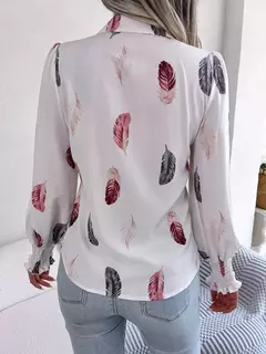 Imagem do Mulheres Casual Pena Imprimir Collar Manga Longa Camisa Branco Rosa Azul