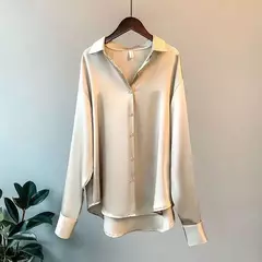 Blusa feminina de manga comprida de cetim vintage, camisa sedosa, blusa de escritório de trabalho, camisa casual feminina, outono