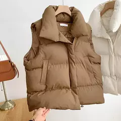 Jaqueta casual grossa solta feminina, casaco com gola simulada, zíper para cima, colete quente sólido, jaqueta puffer, outono, inverno, 2023 - loja online