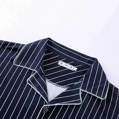 Conjunto de pijama de seda leite confortável masculino, loungewear elegante, estampa xadrez listrada, lapela combinando cores, pijama longo de peito único, outono e inverno - loja online