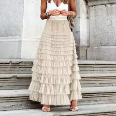 MOUKYUN-Saias Longas Plissadas das Mulheres, Ruffles Design, Malha Sexy Elegante, Saias Soltas de Renda, Patchwork Gaze, Traje de Festa, Sólido - comprar online