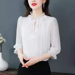 Chiffon blusa com gola pétala para as mulheres, blusa solta e casual, meia manga, gravata borboleta, nova moda, primavera verão, tamanho m a 4xl, 2024 na internet